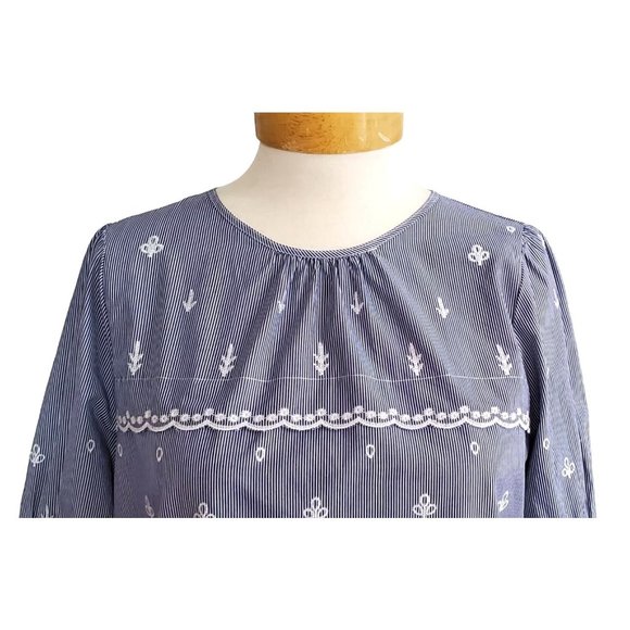 J. Crew Tunic Top Blue/White Pinstripe Embroidered Bell Sleeves Scalloped Sz S - Picture 3 of 8